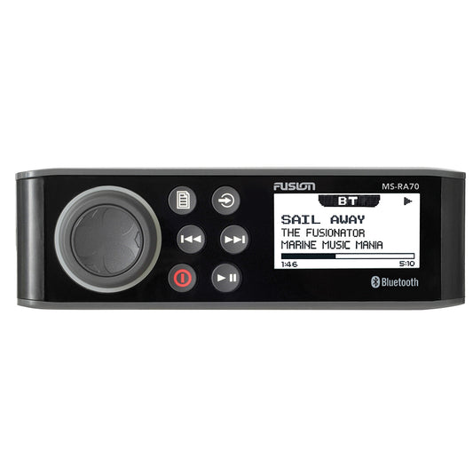 Fusion MS-RA70 DIN size two zone marine stereo with optically bonded LCD, front view - view 3