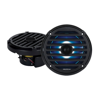 Pair of white Aquatic AV Elite 6.5 inch marine speakers with classic grilles and RGB LED lighting - view 2