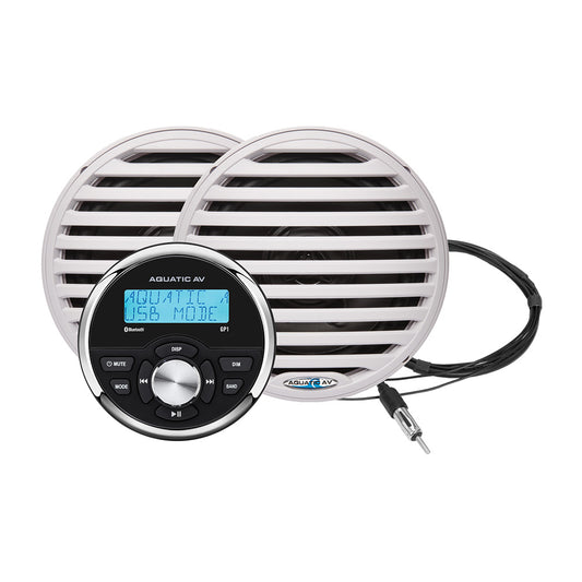 Aquatic AV GP1 gauge stereo with a pair of white Economy 6.5 inch marine speakers, kit GP100W