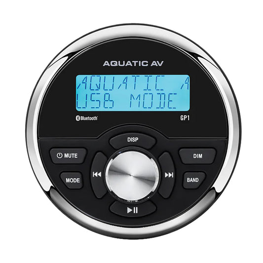 Aquatic AV GP1 round gauge style marine stereo with blue backlit display, model RA611
