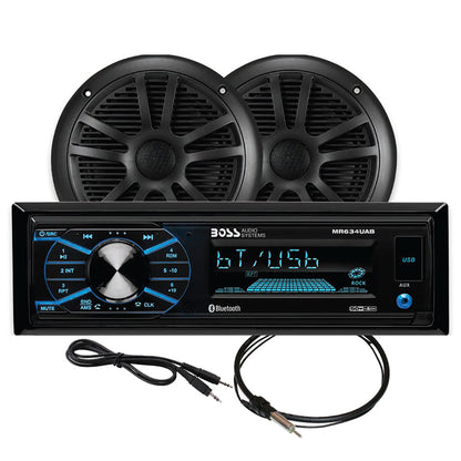 Boss Audio MCBK634B.6 black marine stereo with a pair of black 6.5 inch MR6B speakers and dipole antenna