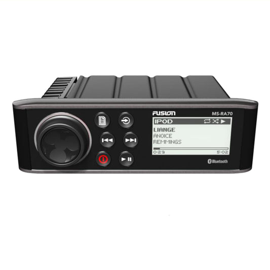 Fusion MS-RA70 DIN size two zone marine stereo with optically bonded LCD, front view - view 2