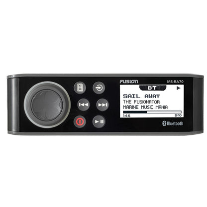 Fusion MS-RA70 DIN size two zone marine stereo with optically bonded LCD, front view - view 3
