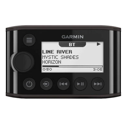 Fusion MS-NRX300 black wired marine stereo remote with monochrome LCD screen and control buttons