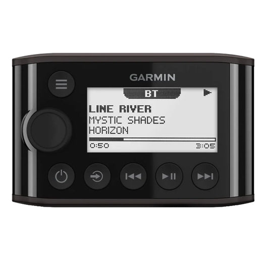 Fusion MS-NRX300 black wired marine stereo remote with monochrome LCD screen and control buttons