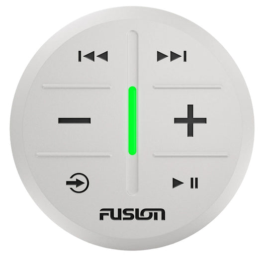 Fusion ARX70W white wireless marine stereo remote with rubberized keys and built-in LED light bar